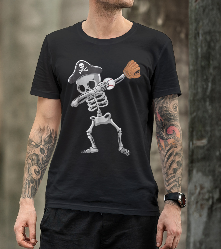 Softball Skeleton Dabbing With Pirate Hat And Glove T-Shirt