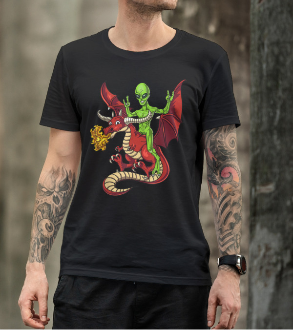 Alien Riding Fire-Breathing Red Dragon Fantasy T-Shirt