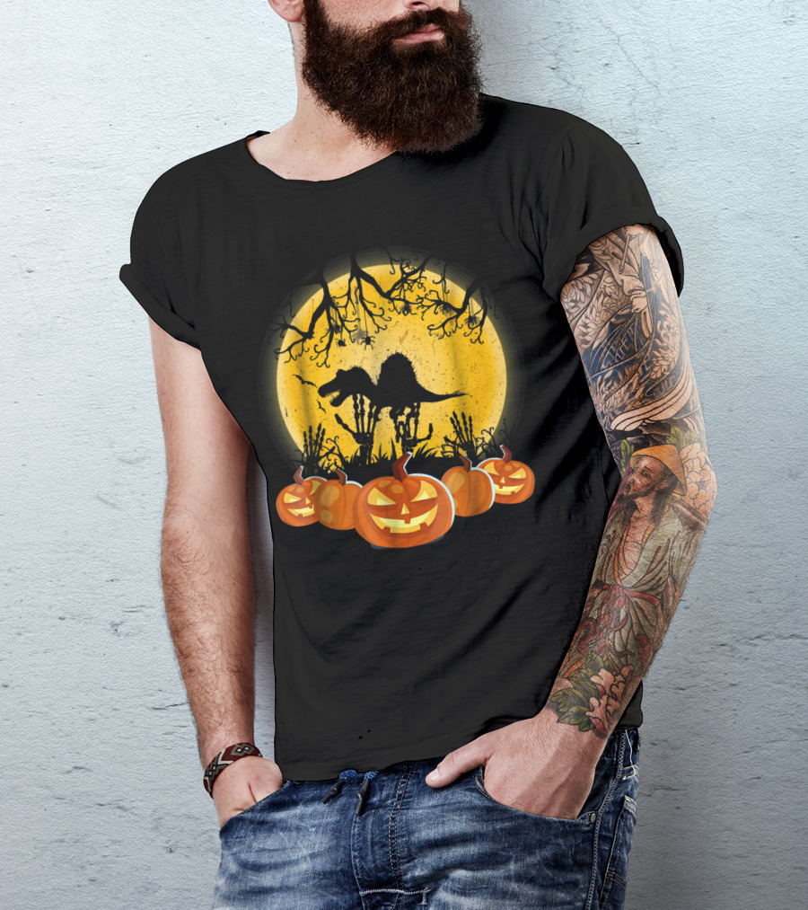 Spinosaurus Pumpkin Halloween Moon Shadow With Jack-O'-Lanterns T-Shirt
