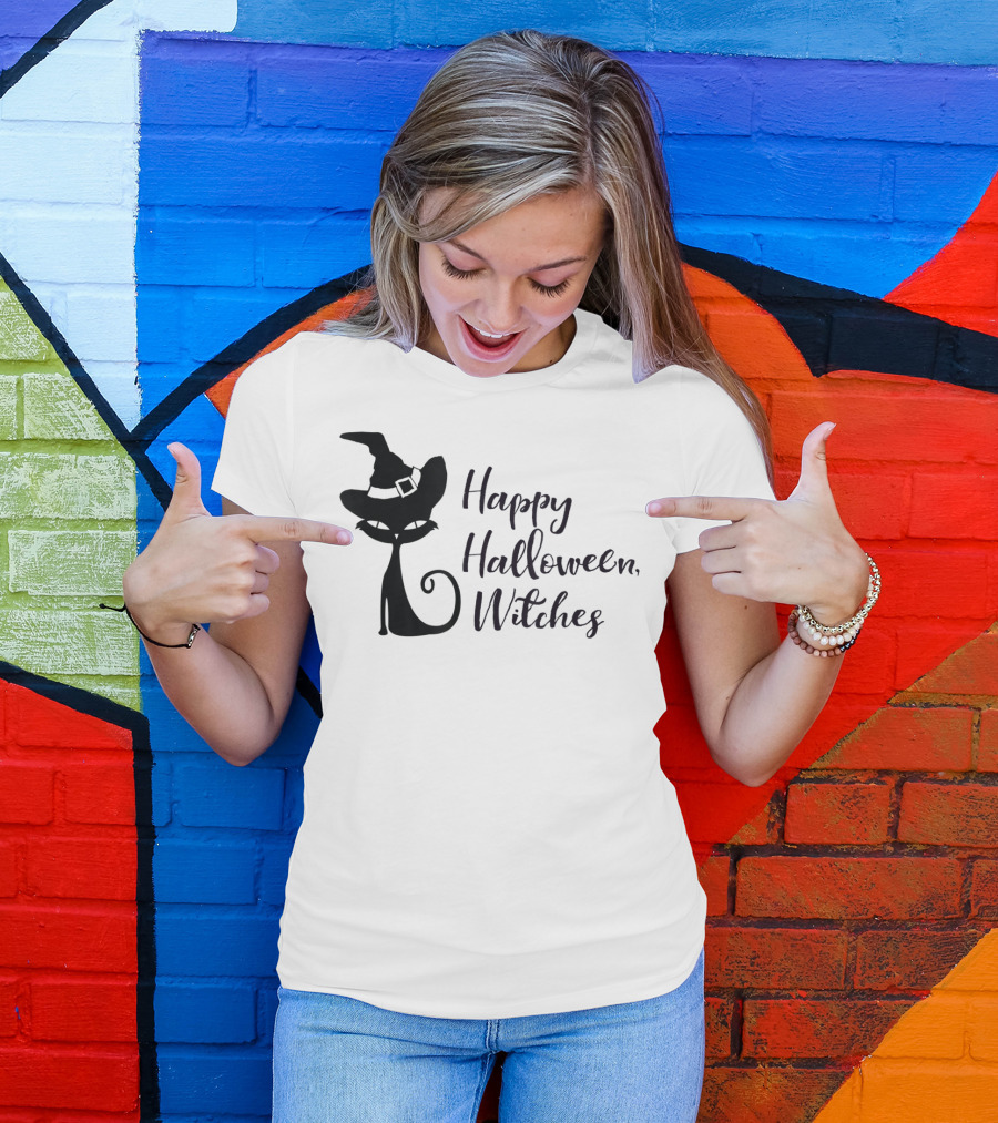 Happy Halloween Witches Black Cat T-Shirt