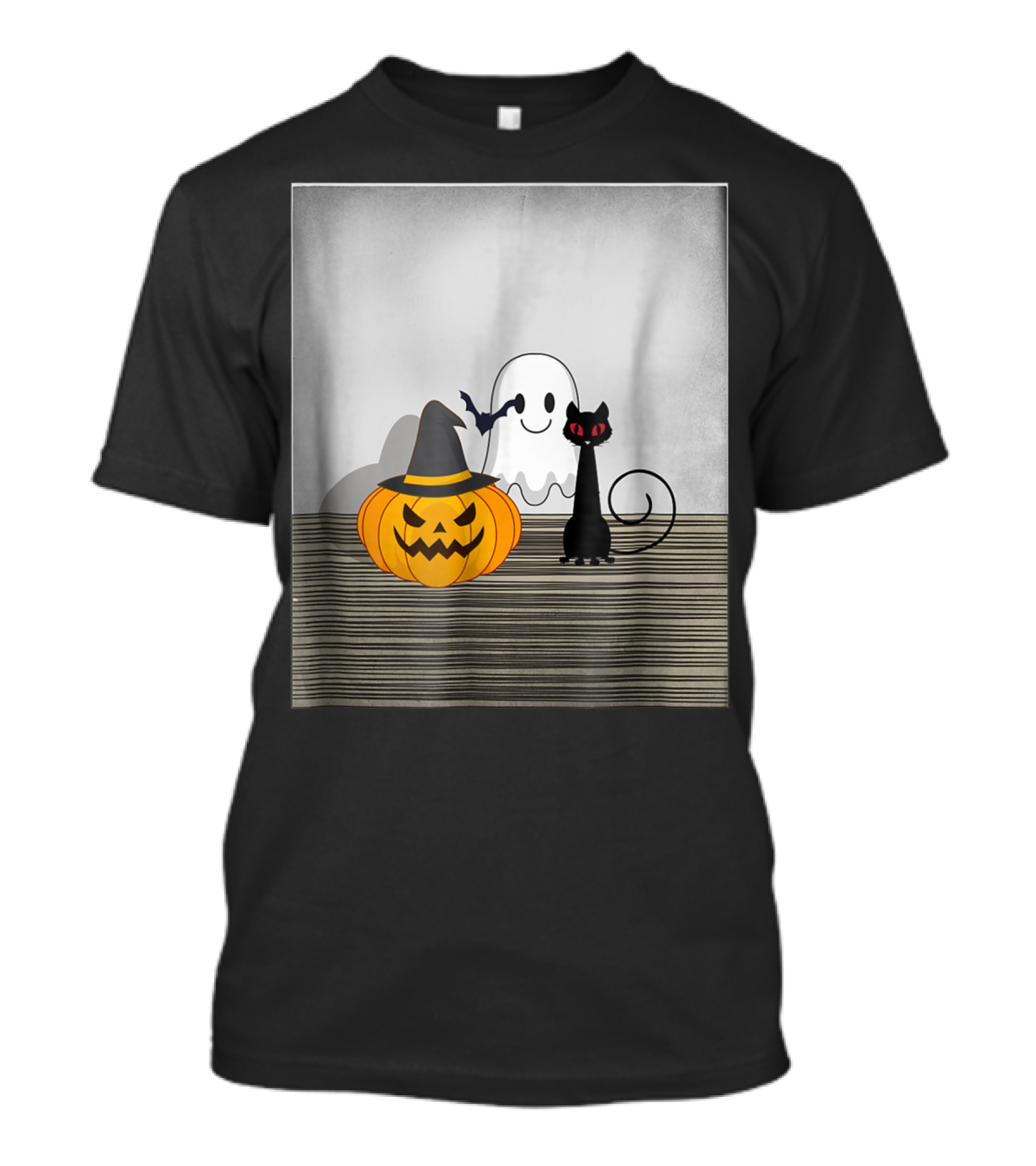Spooky Halloween Cat Pumpkin Ghost With Witch Hat And Bat T-Shirt