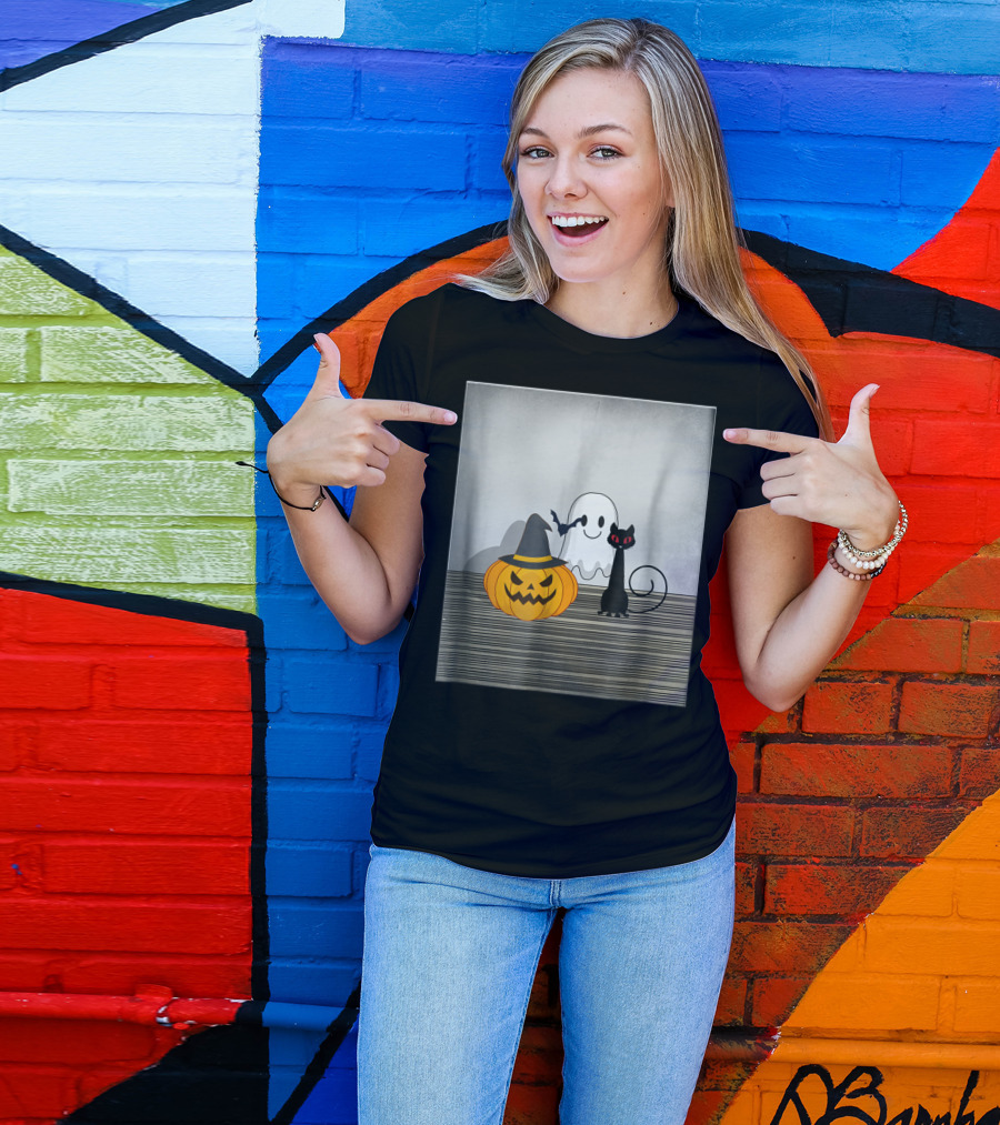 Spooky Halloween Cat Pumpkin Ghost With Witch Hat And Bat T-Shirt
