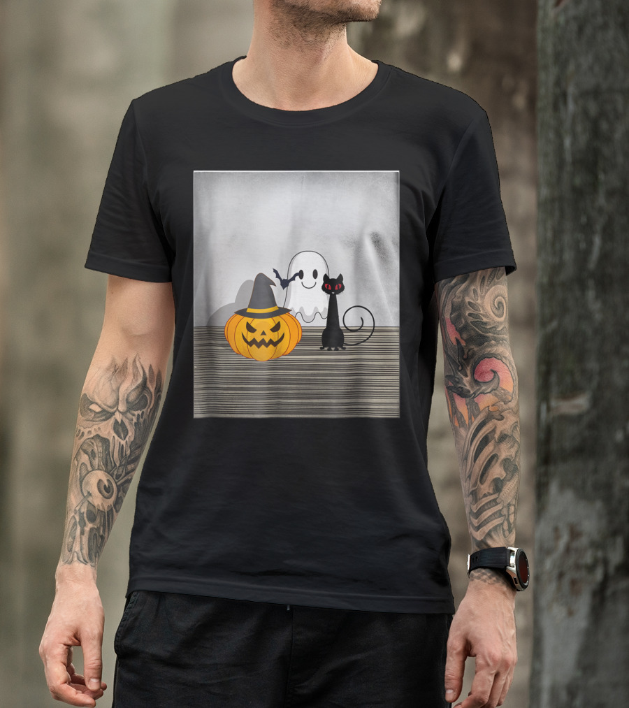 Spooky Halloween Cat Pumpkin Ghost With Witch Hat And Bat T-Shirt