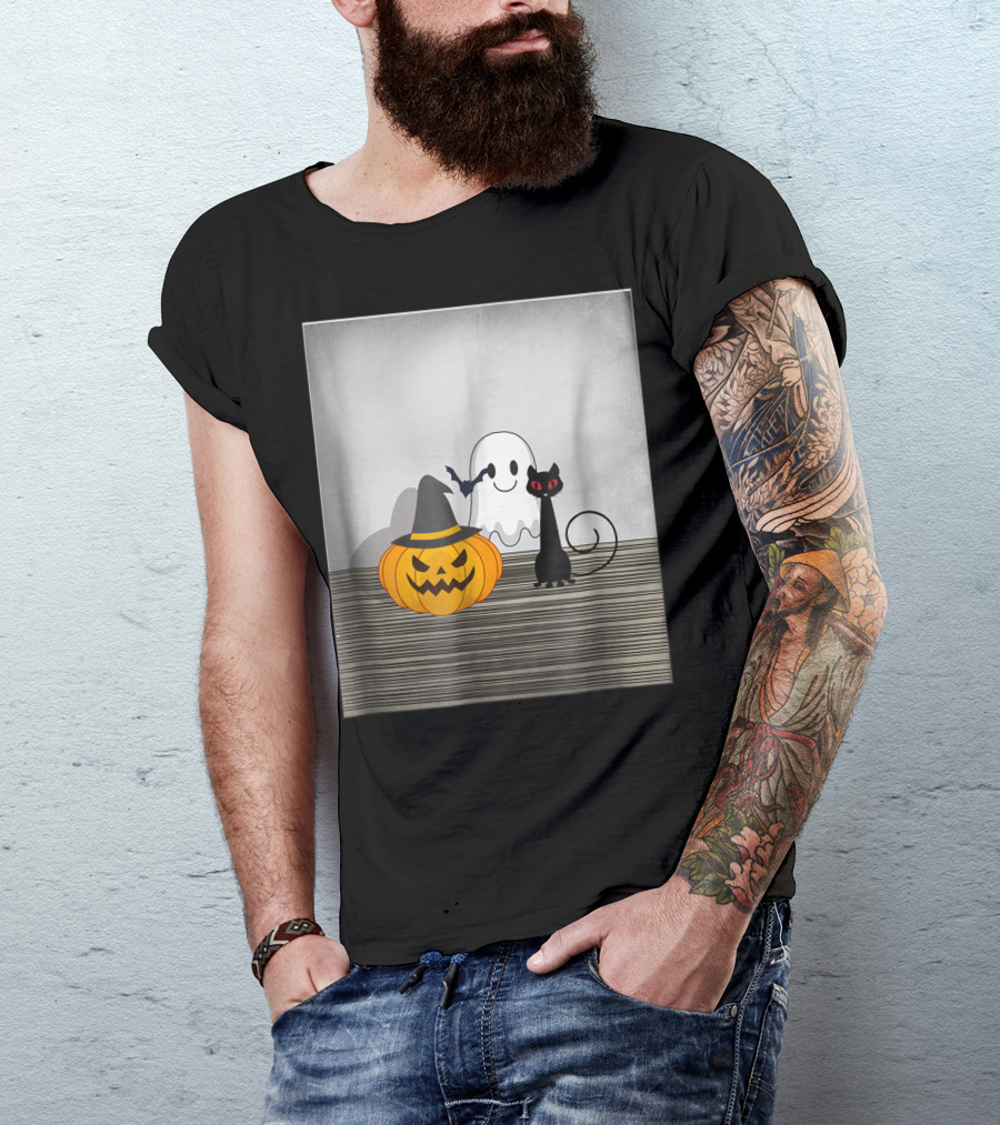 Spooky Halloween Cat Pumpkin Ghost With Witch Hat And Bat T-Shirt