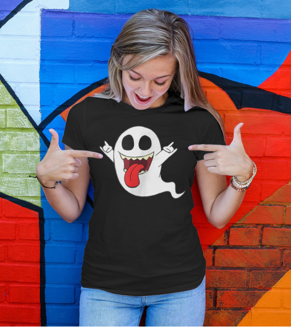 Spoopy Halloween Ghost Rock On Tongue Out Party T-Shirt
