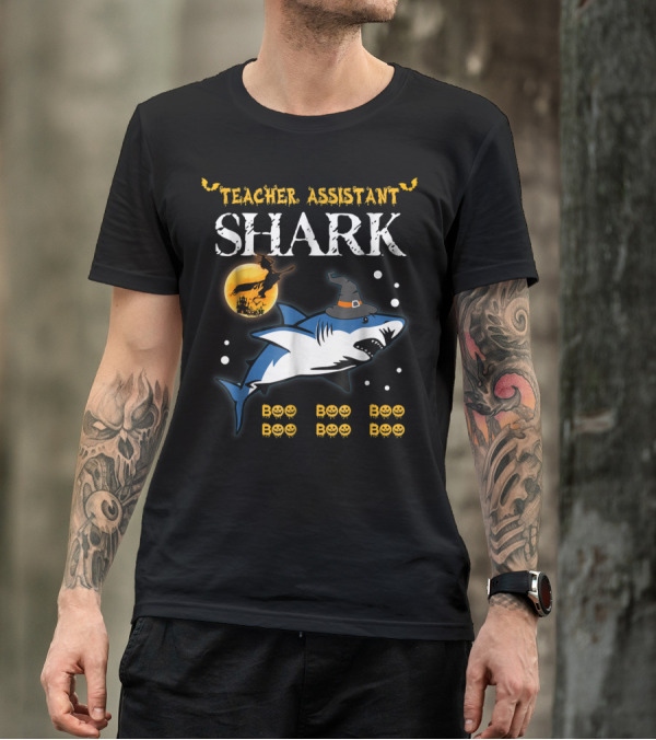 Teacher Assistant Shark Witch Hat Halloween Boo Boo Boo Moon T-Shirt