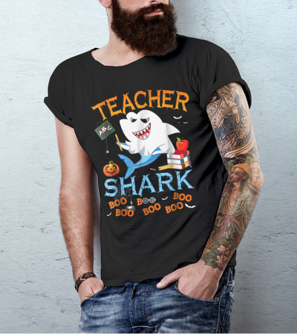 Teacher Shark Boo Halloween ABC Pumpkin Bat Apple Books T-Shirt