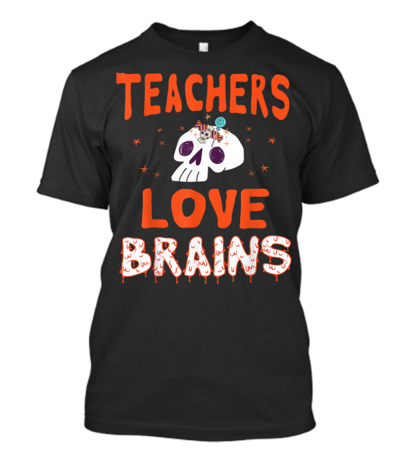 Teachers Love Brains Halloween Skull With Books And Stars T-Shirt