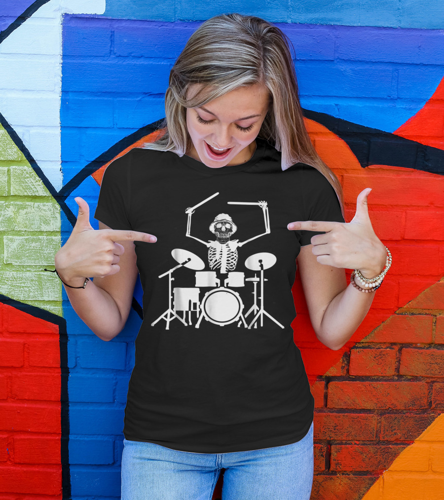 The Drummer Skull Skeleton Playing Drum Set T-Shirt