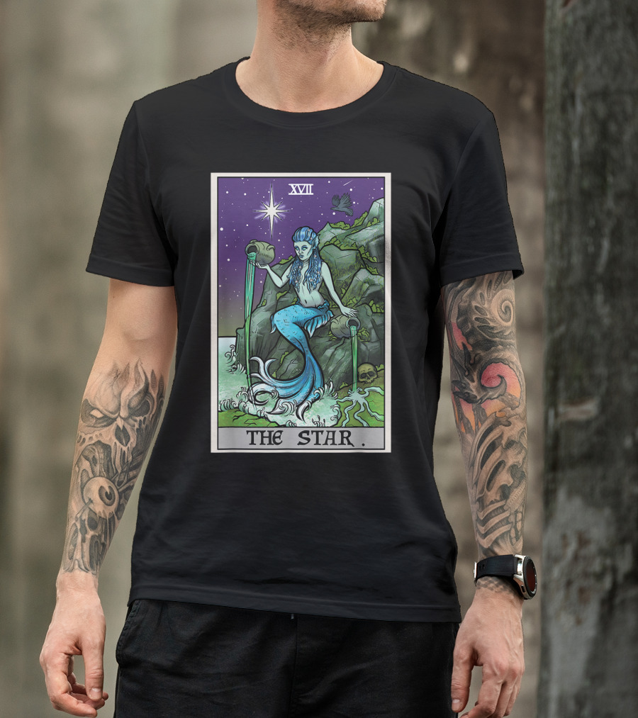 The Star Tarot Card XVII Halloween Mermaid Witch With Raven And Skull T-Shirt