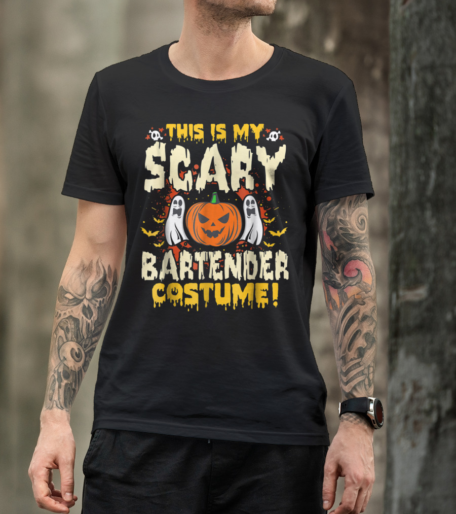 THIS IS MY SCARY BARTENDER COSTUME HALLOWEEN PUMPKIN GHOSTS SKULLS BAT T-Shirt