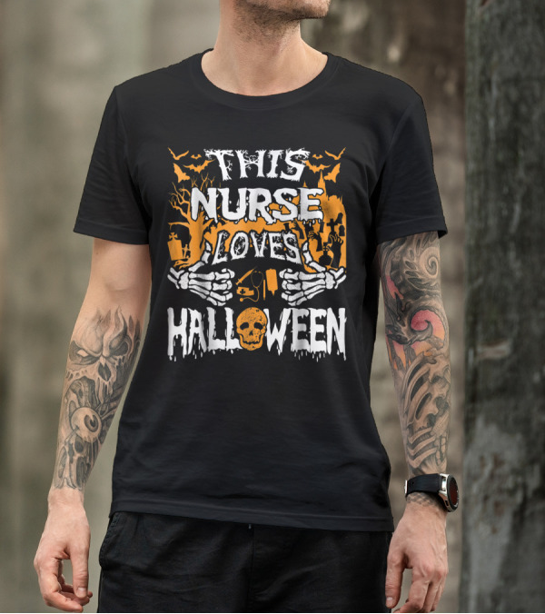 This Nurse Loves Halloween Skeleton Hands And Skulls T-Shirt