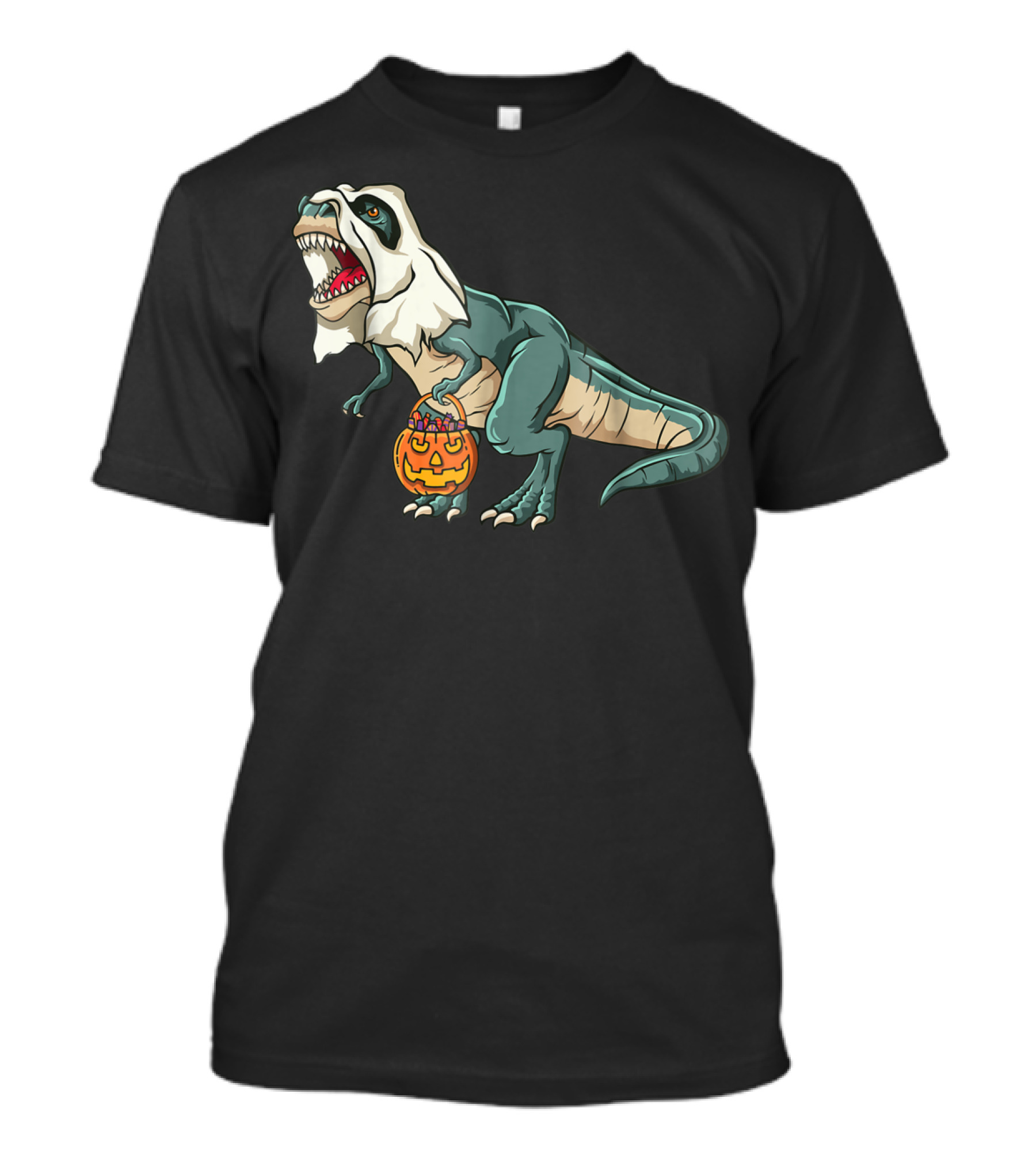 Trex Dinosaur In Ghost Costume With Halloween Pumpkin Bucket T-Shirt