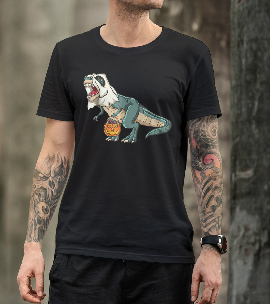 Trex Dinosaur In Ghost Costume With Halloween Pumpkin Bucket T-Shirt