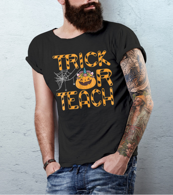 Trick Or Teach Pumpkin Unicorn With Spider Web Halloween T-Shirt