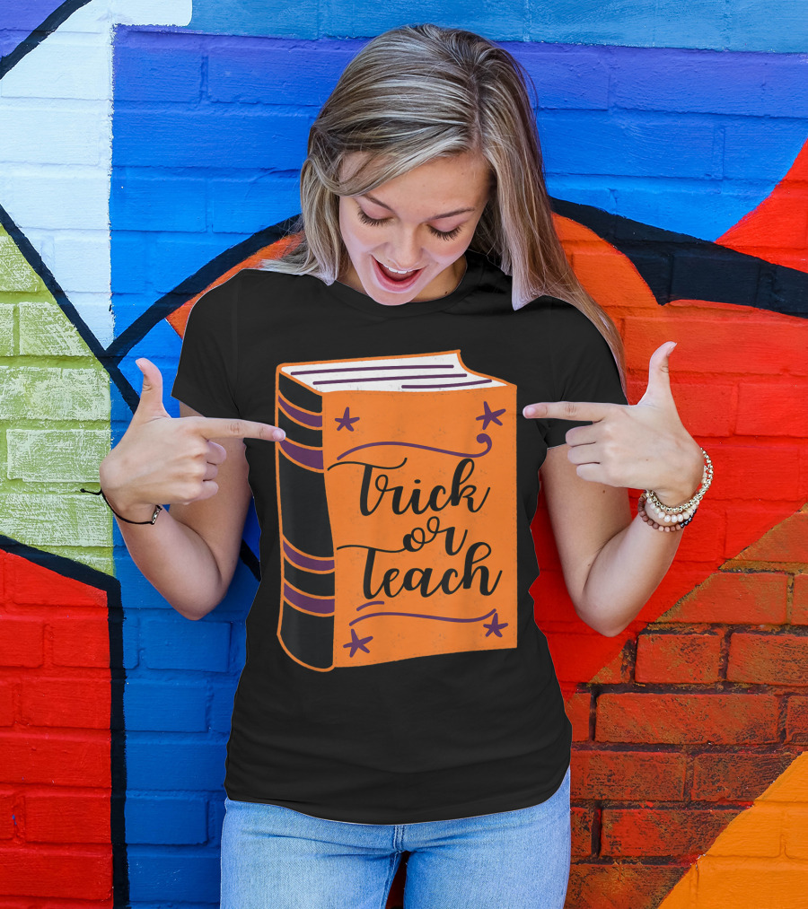 Trick Or Teach Teacher Halloween Book Orange And Black T-Shirt