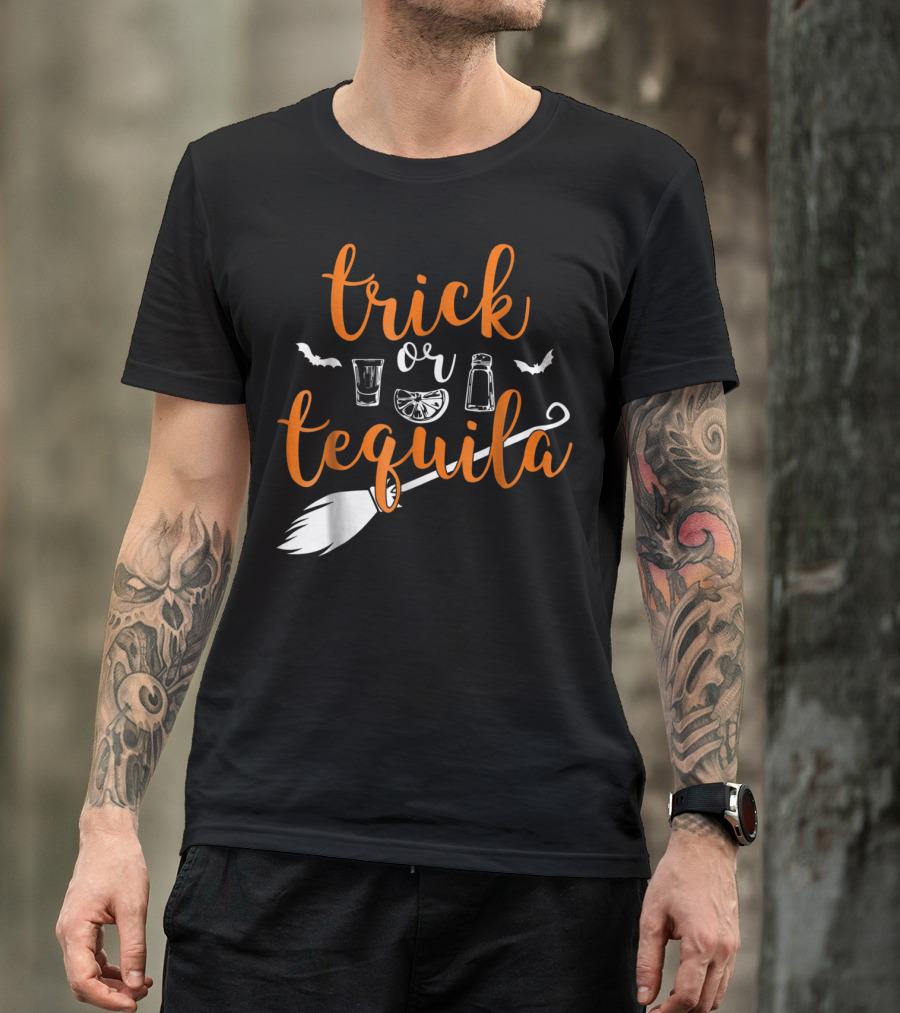 Trick Or Tequila Witch Broomstick Lime Salt Shot Glasses Bats T-Shirt