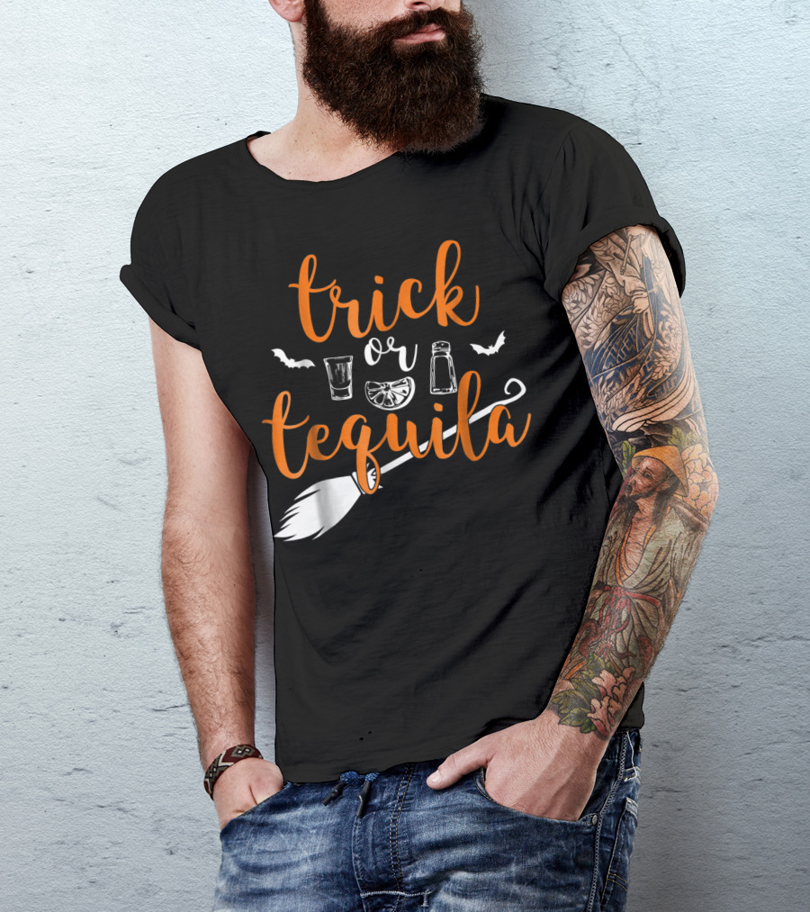 Trick Or Tequila Witch Broomstick Lime Salt Shot Glasses Bats T-Shirt