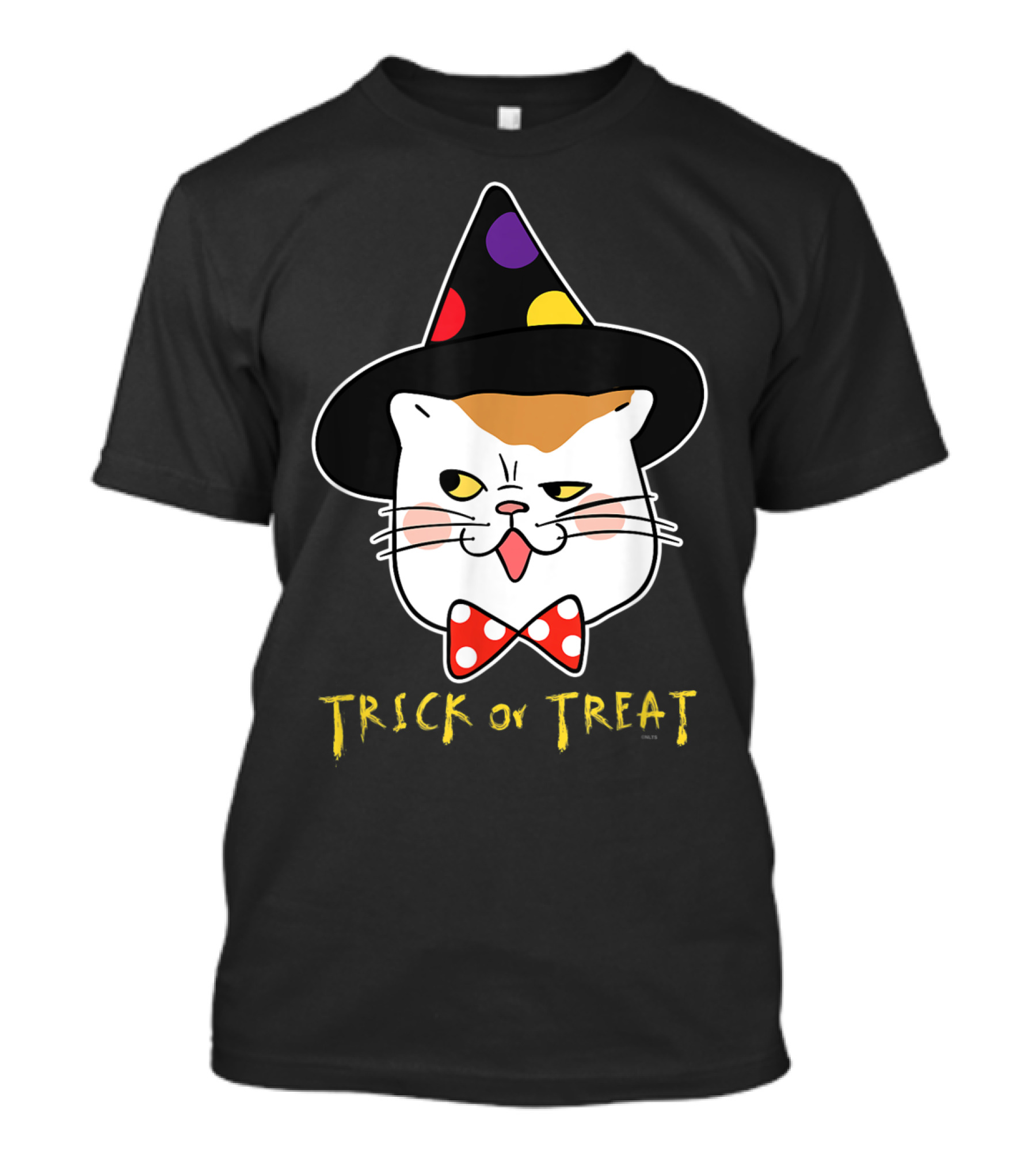 Trick Or Treat Cat Face Witch Hat Polka Dot Bow Tie Halloween T-Shirt
