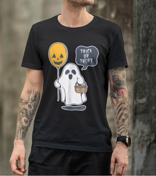 Trick Or Treat Funny Ghost Holding Pumpkin Balloon T-Shirt