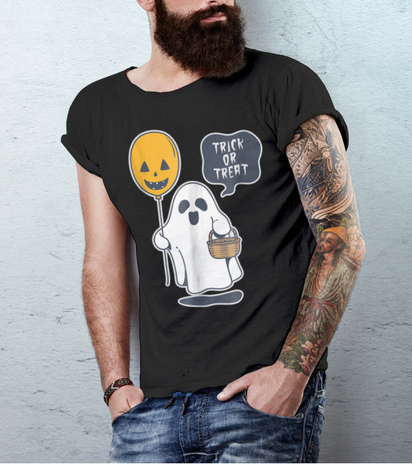 Trick Or Treat Funny Ghost Holding Pumpkin Balloon T-Shirt