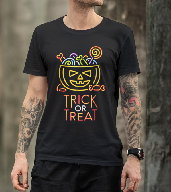 Trick Or Treat Neon Sign Pumpkin Candy T-Shirt