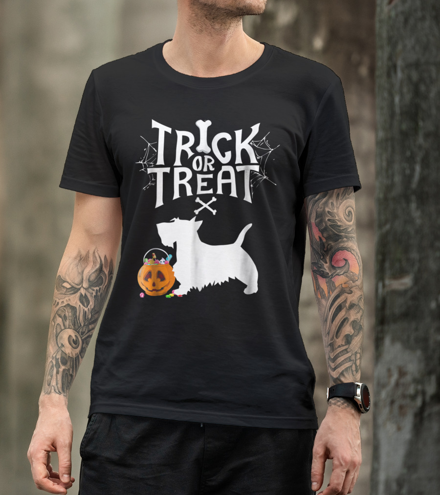 Trick Or Treat Scottie Scottish Terrier Pumpkin And Candy T-Shirt