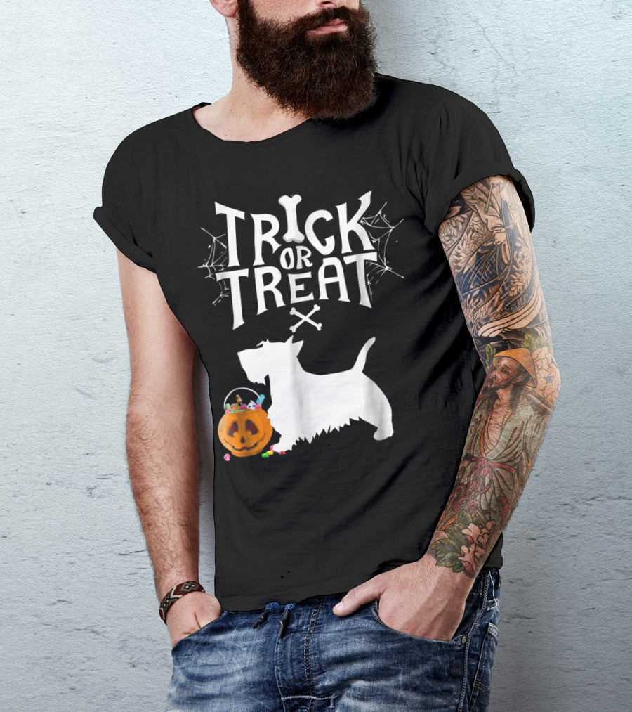 Trick Or Treat Scottie Scottish Terrier Pumpkin And Candy T-Shirt
