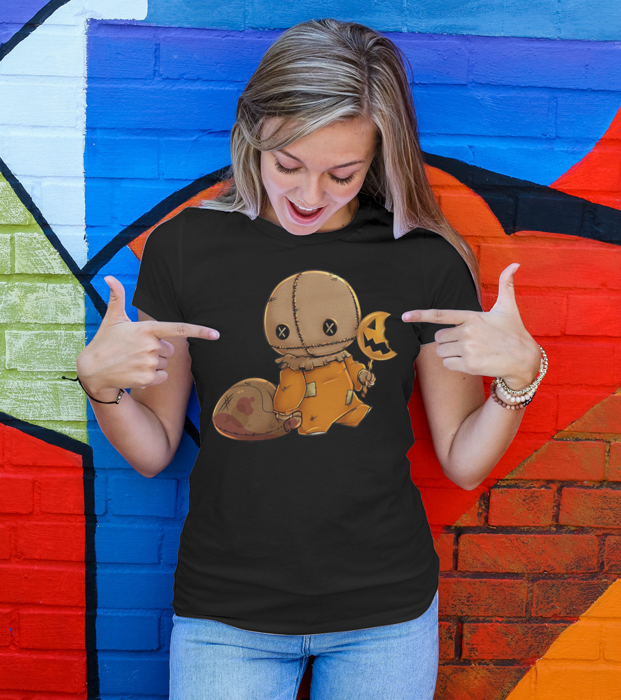 Trick R Treat Cute Sam In Orange Outfit With Pumpkin Lollipop T-Shirt