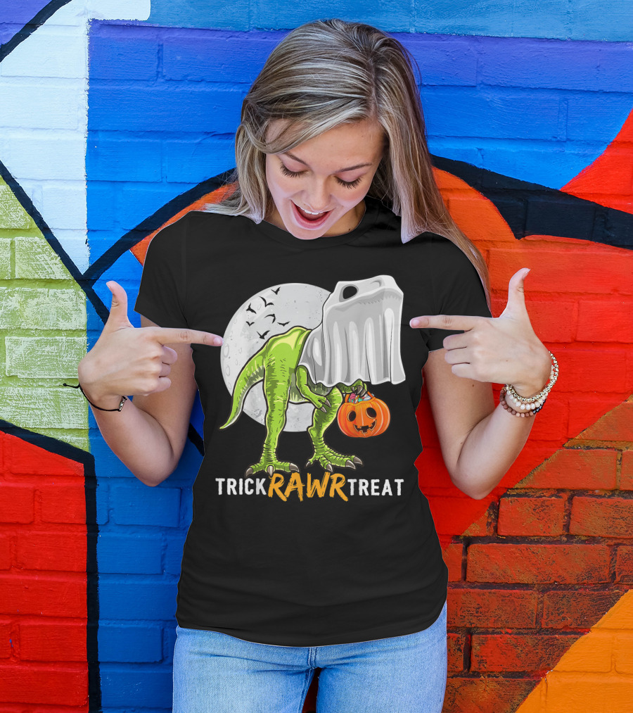 Trick Rawr Treat Halloween Rex Dinosaur Ghost Moon Pumpkin T-Shirt