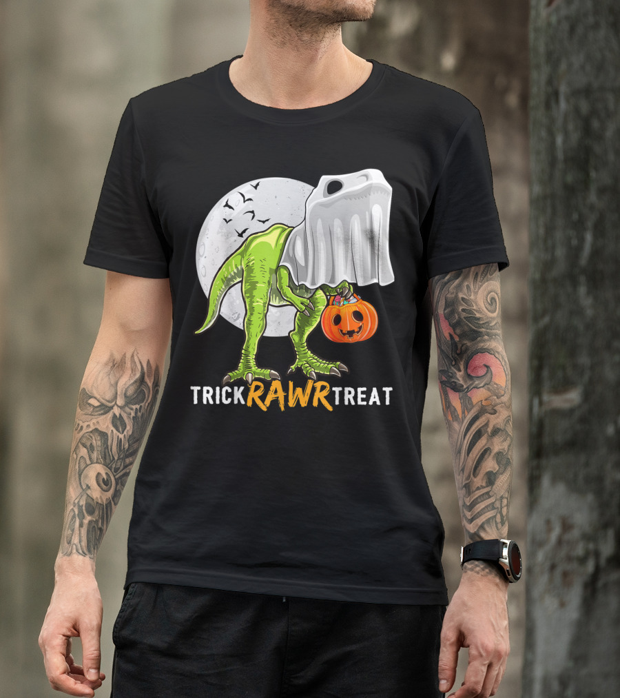 Trick Rawr Treat Halloween Rex Dinosaur Ghost Moon Pumpkin T-Shirt
