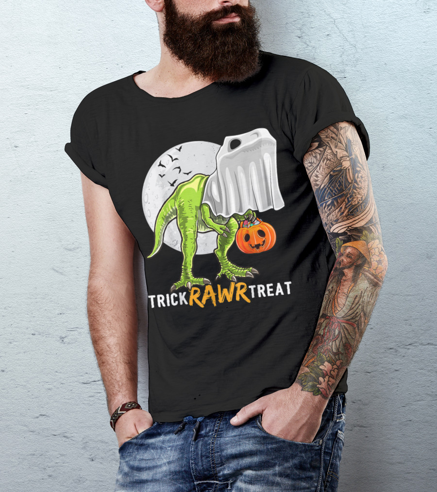 Trick Rawr Treat Halloween Rex Dinosaur Ghost Moon Pumpkin T-Shirt