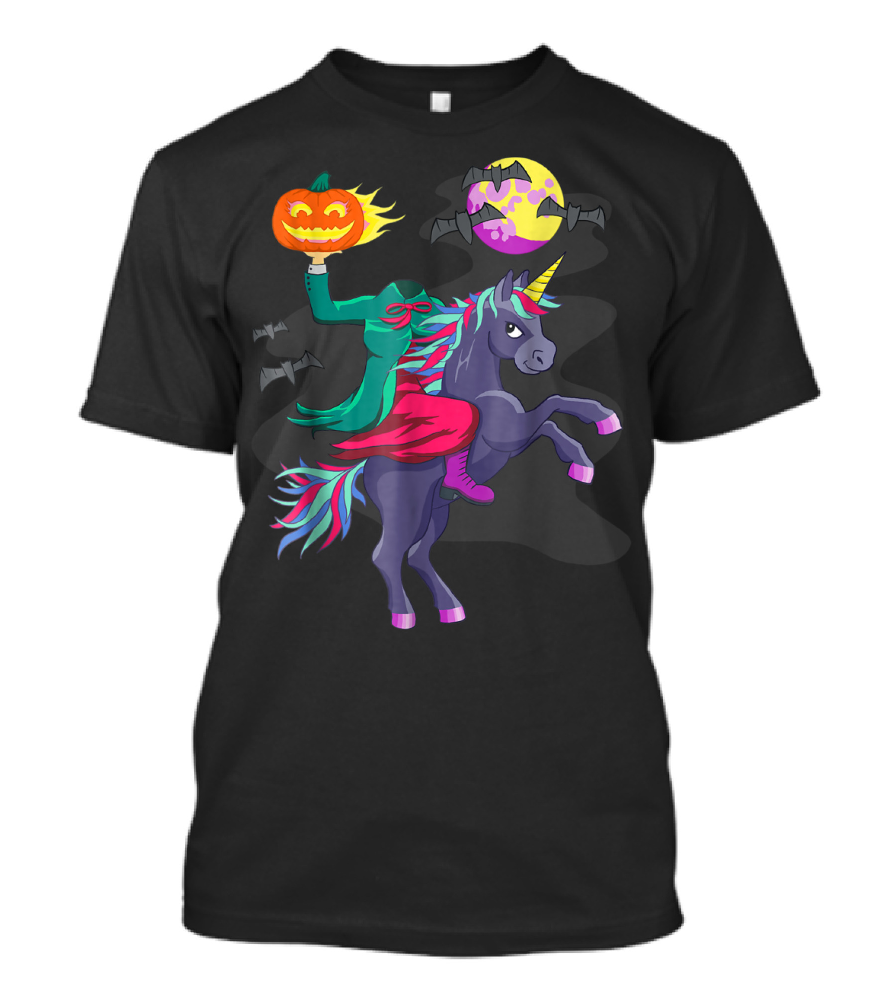 Unicorn Halloween Headless Horseman With Pumpkin Jack-o'-Lantern And Flying Bats T-Shirt