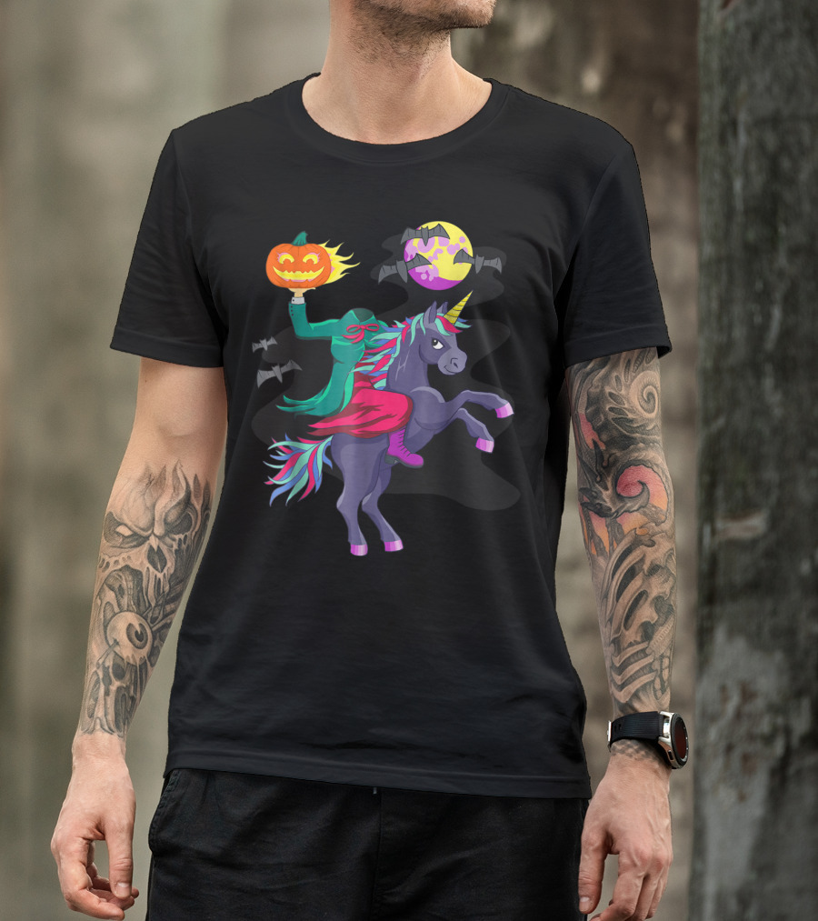 Unicorn Halloween Headless Horseman With Pumpkin Jack-o'-Lantern And Flying Bats T-Shirt