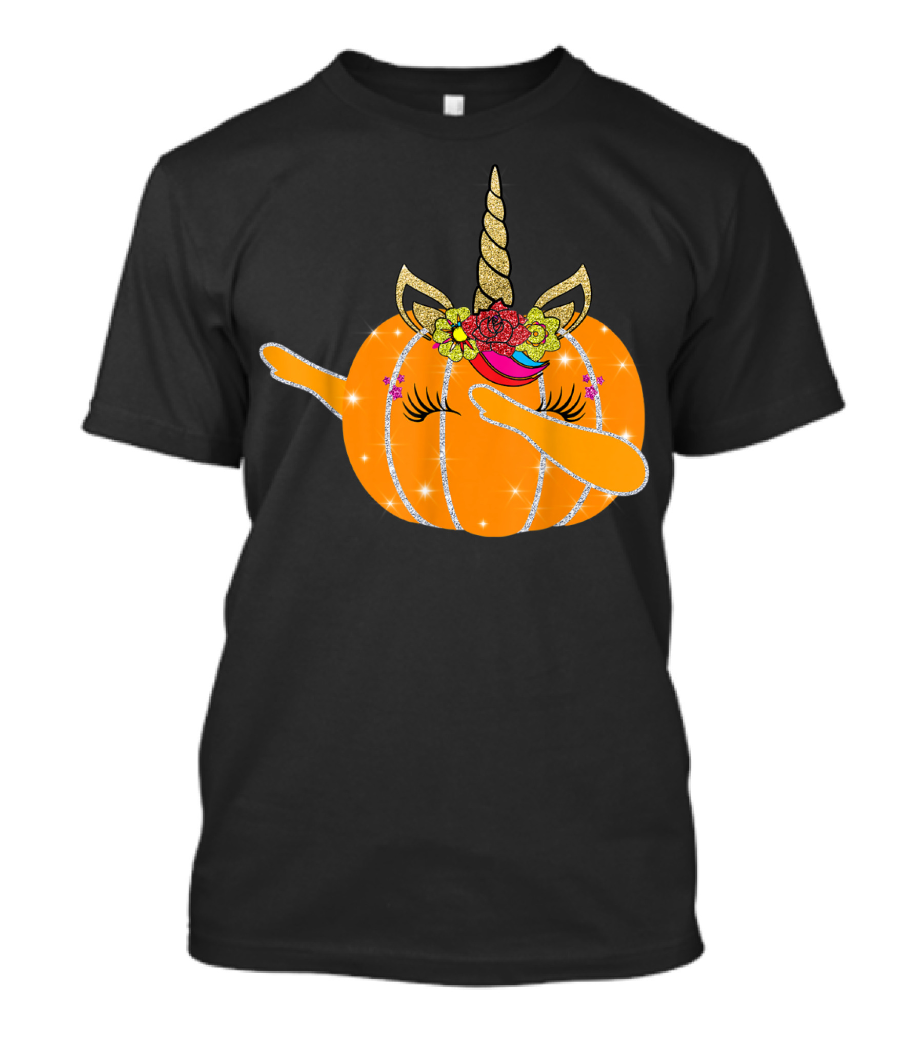 Unicorn Pumpkin Halloween Dab Fall Autumn Glitter Horn Flowers T-Shirt