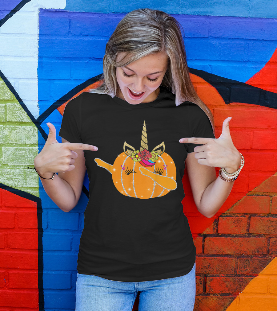 Unicorn Pumpkin Halloween Dab Fall Autumn Glitter Horn Flowers T-Shirt
