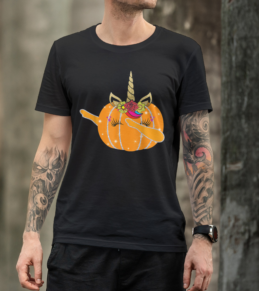 Unicorn Pumpkin Halloween Dab Fall Autumn Glitter Horn Flowers T-Shirt