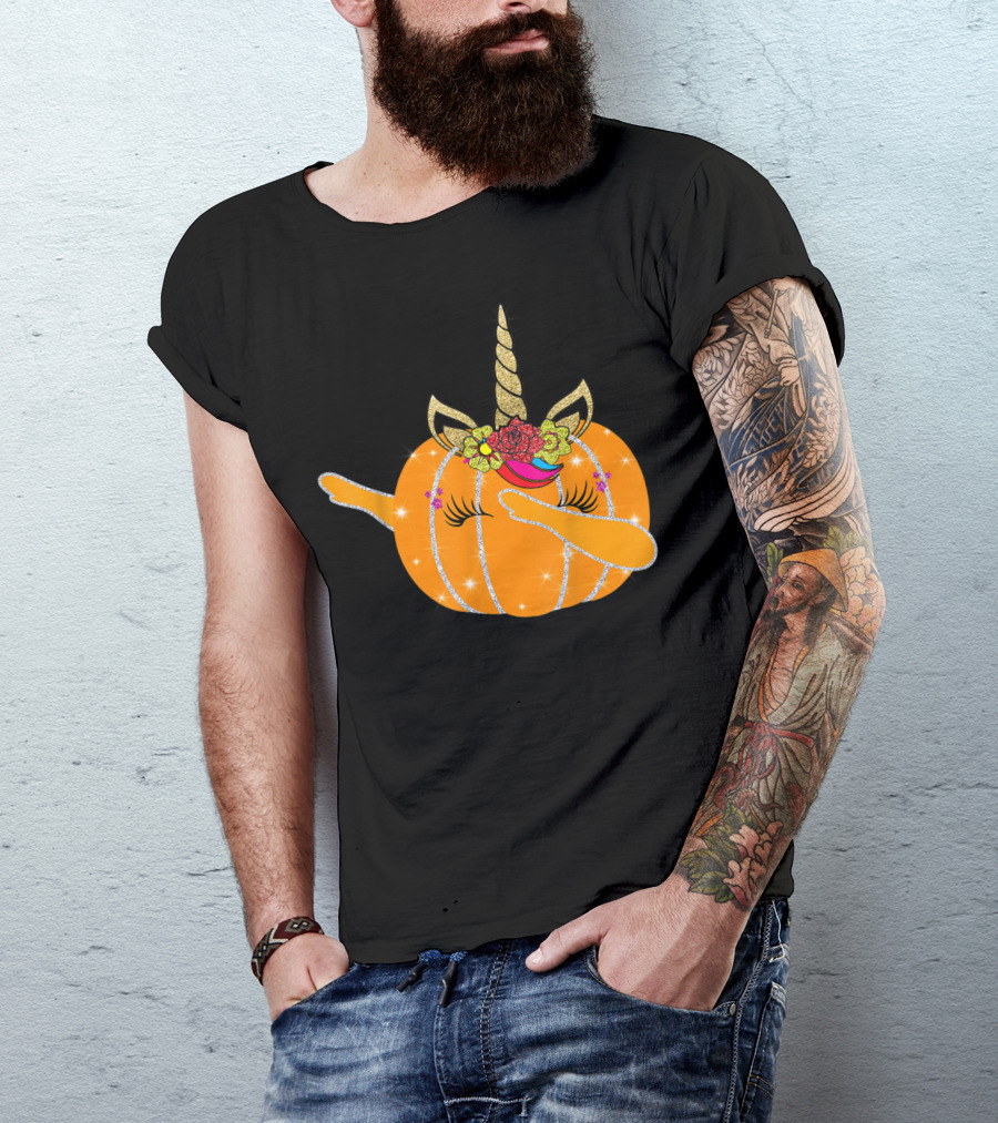 Unicorn Pumpkin Halloween Dab Fall Autumn Glitter Horn Flowers T-Shirt