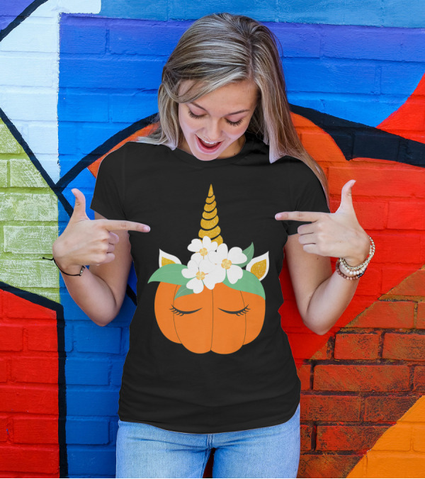 Unicorn Pumpkin Halloween With Flowers T-Shirt