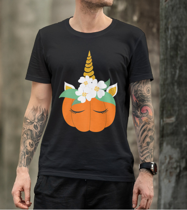 Unicorn Pumpkin Halloween With Flowers T-Shirt