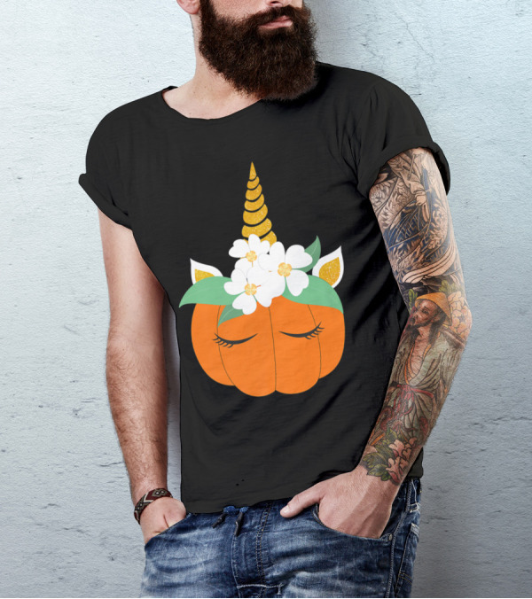 Unicorn Pumpkin Halloween With Flowers T-Shirt