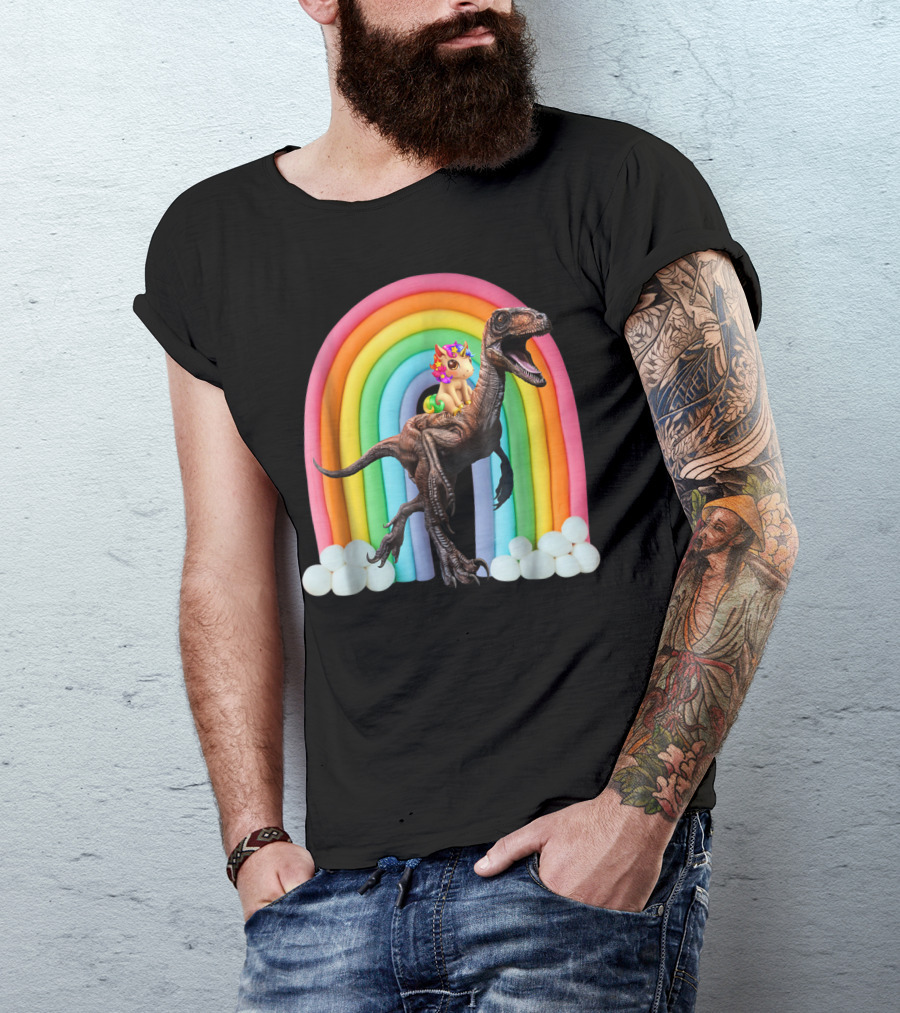 Unicorn Riding Dinosaur Raptor Rainbow Fantasy Adventure T-Shirt