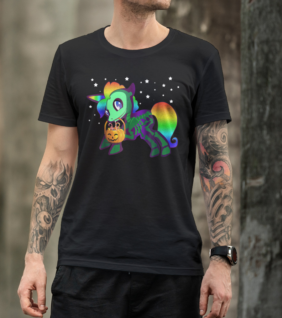Unicorn Skeleton Rainbow Halloween Candy Stars Glow T-Shirt