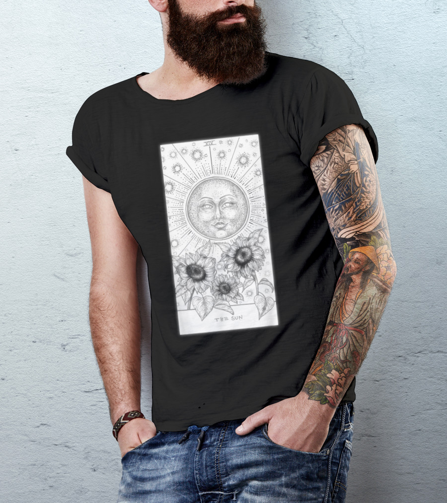 The Sun Tarot Card With Radiant Face Sunflowers And Celestial Stars T-Shirt
