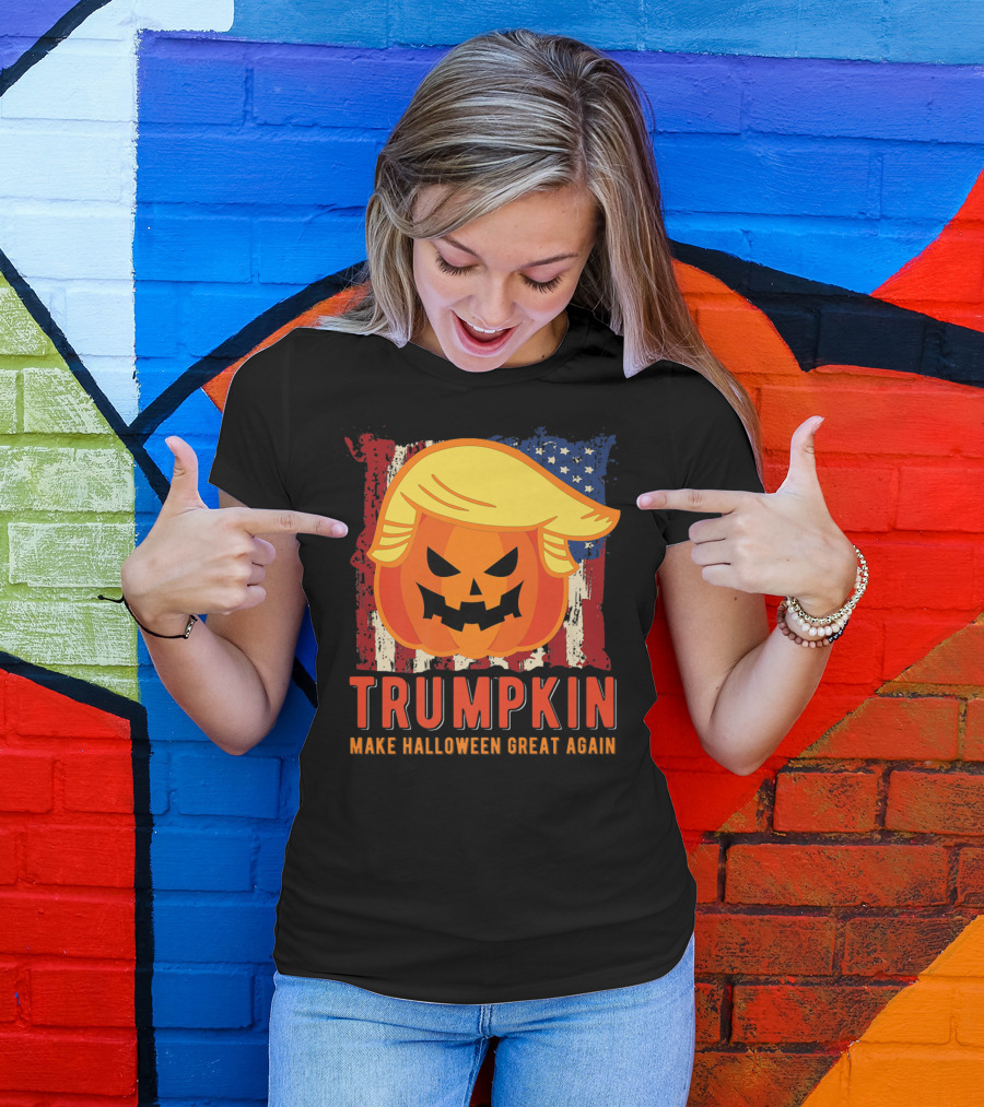 Usa Trumpkin Make Halloween Great Again American Flag Pumpkin Face With Hair T-Shirt
