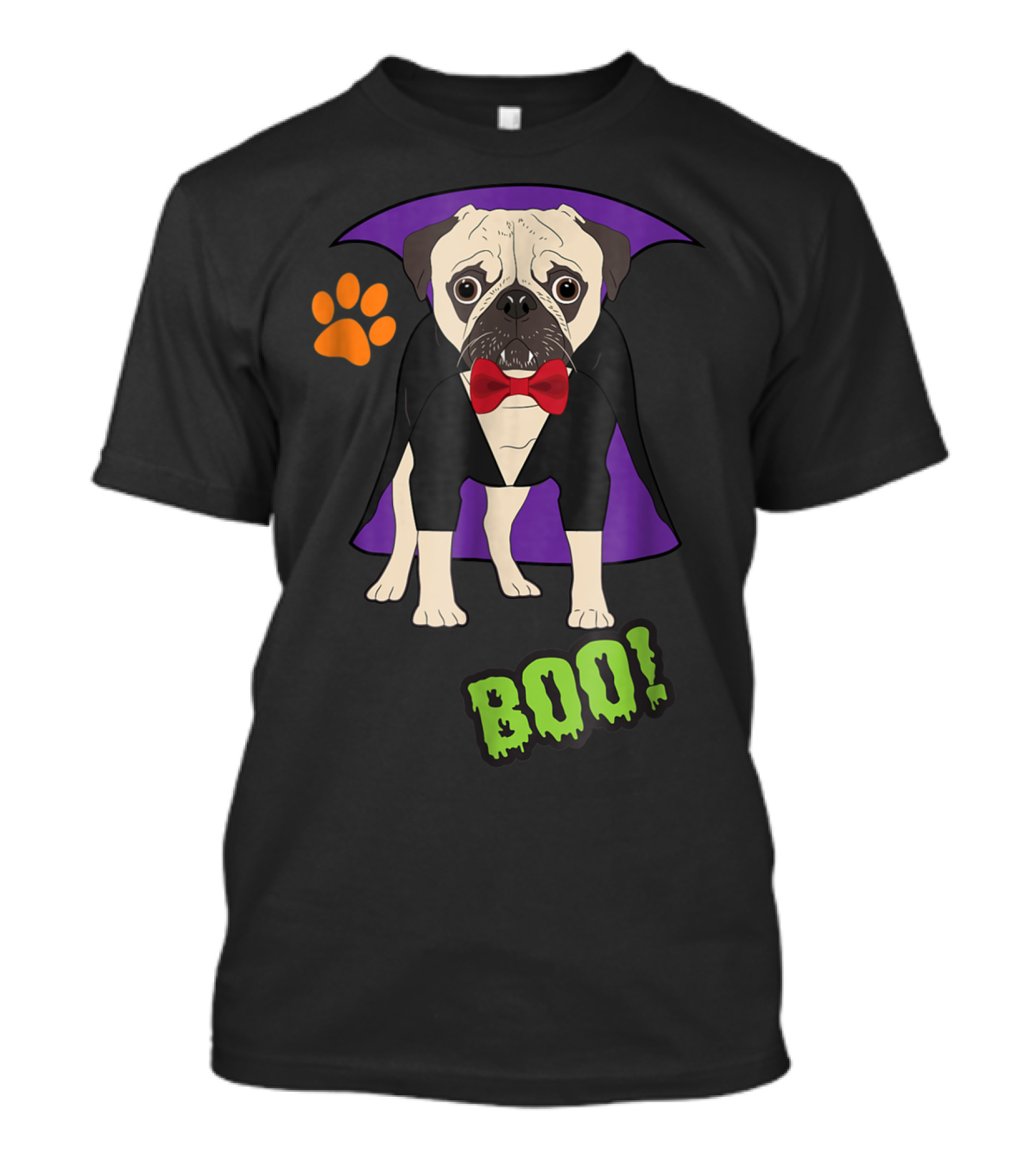 Boo Halloween Vampire Pug With Cape And Pawprint T-Shirt