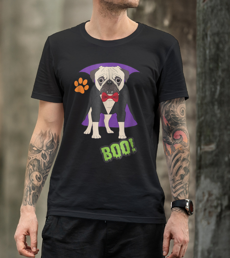 Boo Halloween Vampire Pug With Cape And Pawprint T-Shirt