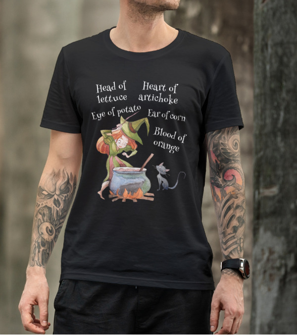 Head Of Lettuce Eye Of Potato Heart Of Artichoke Ear Of Corn Blood Of Orange Witch Halloween Cat T-Shirt