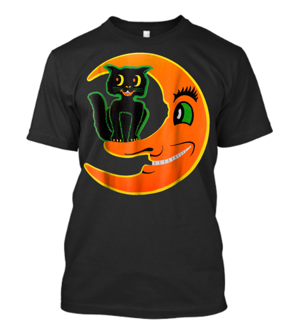 Vintage Halloween Beistle Cat On The Grinning Orange Moon T-Shirt