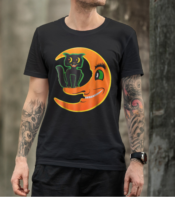 Vintage Halloween Beistle Cat On The Grinning Orange Moon T-Shirt